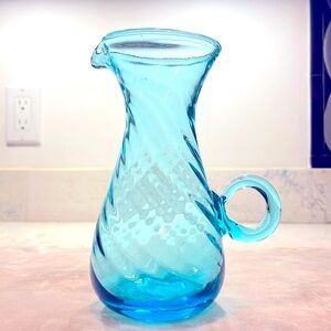 Blenko Blue Swirl Vintage Glass Pitcher Large 6.5” Applied Handle Wayne Husted